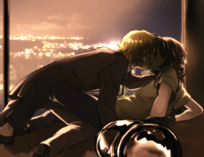 38107 - blond_hair brown_hair graham_aker gundam_00 kissing lockon_stratos