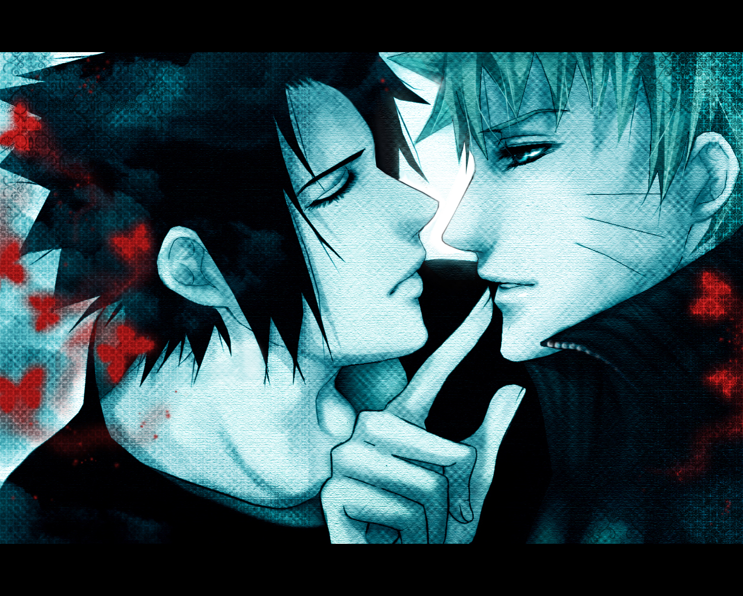 55216 - black_hair blond_hair blue_eyes butterflies finger_on_mouth naruto sasuke_uchiha uzumaki_naruto